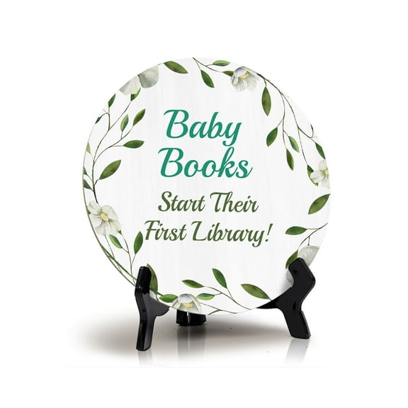 Baby Books Start Their First Library! Baby Shower Decoration Circle 5x5" Table Sign Home Decor | Baby Party Signs