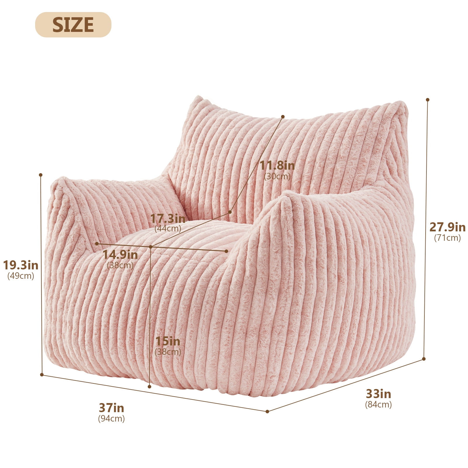 Ebenchico 3ft Bean Bag Chair for Adults Teens Kids with Armrests, Striped Fuzzy BeanBag Chairs with Filling, Pink