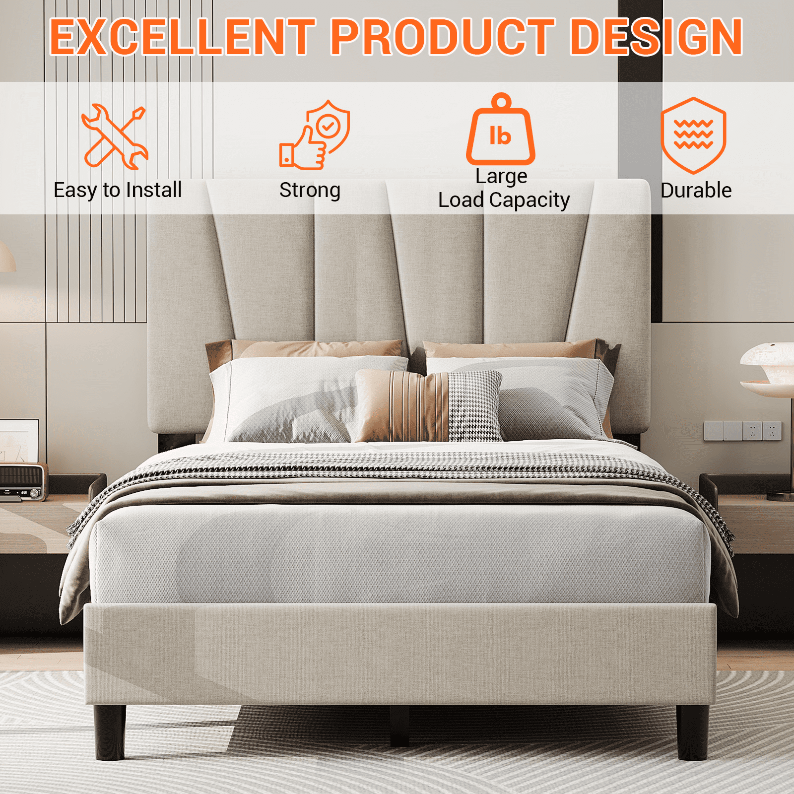 Shininglove Twin Size Platform Bed Frame, Linen Upholstered Bed Frame with Headboard, Modern Mattress Foundation with Wooden Slats Supports for Twin Bed, No Box Spring Needed, Beige