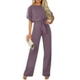 thumbnail image 3 of Huankd Womens Summer Casual Short Sleeve Pants Suit Beach Vacation Romper Belted Dressy Wedding Guest Jumpsuit Jumper Purple 2XL, 3 of 5