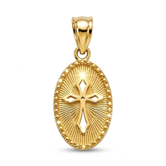 Charm America - Gold Oval Religious Cross Charm - 10 Karat Solid Gold