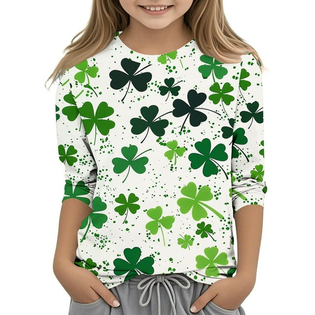 Posijego T-Shirt Filles Garçons Fête de la Saint-Patrick Manches 3/4 Col Rond Graphique Tee Ample Décontracté