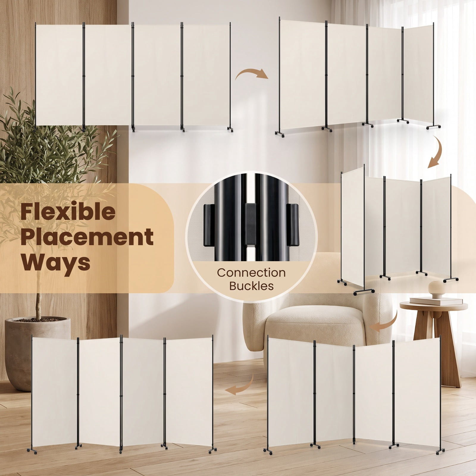 Vebreda 4-Panel Rolling Room Divider Folding Privacy Screen with Lockable Wheels, Freestanding Fabric Partition for Bedroom Office Dorm, White
