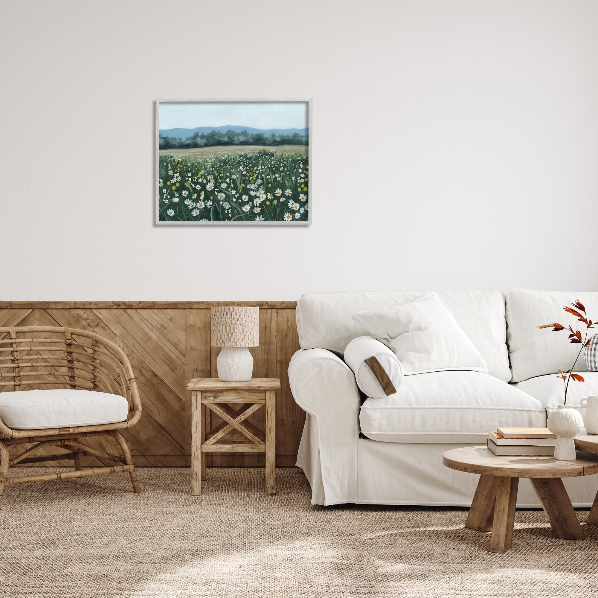 Stupell Industries Traditional Daisy Meadow Landscape Painting Gray Framed Art Print Wall Art, 30 x 24