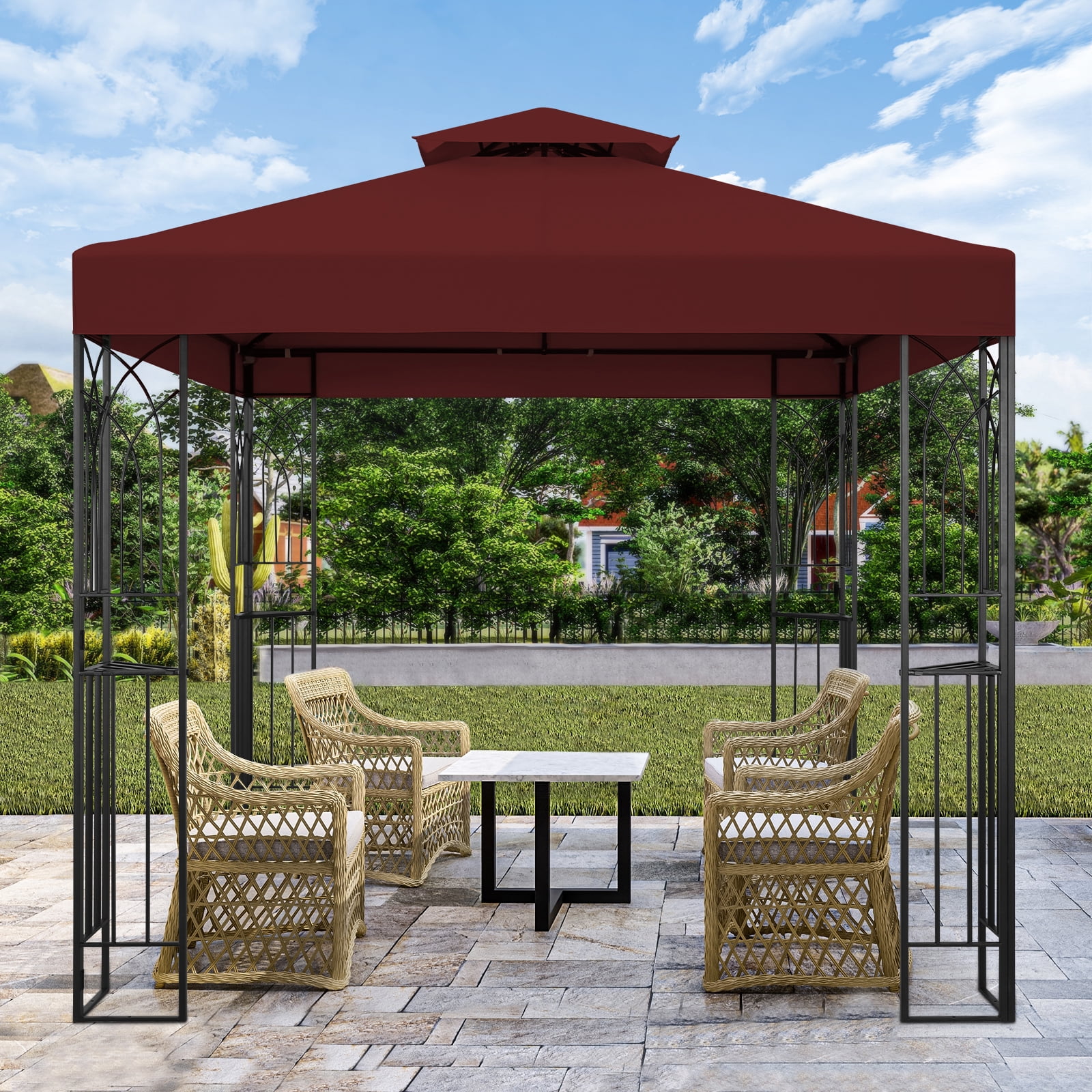 COOS BAY 8x8 Outdoor Patio Gazebo with Corner Shelves, Two-Tier Soft Top Canopy for Backyard, Lawn, Deck and Garden, Red