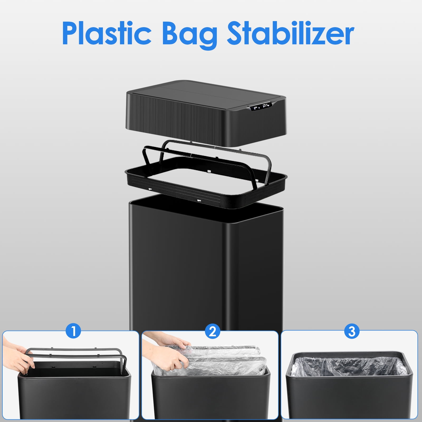 Pirecart 21.1 Gallon Automatic Trash Can, Brushed Stainless Steel Smart Garbage, Touchless Smart Waste Bin with Soft-Close Lid, Black