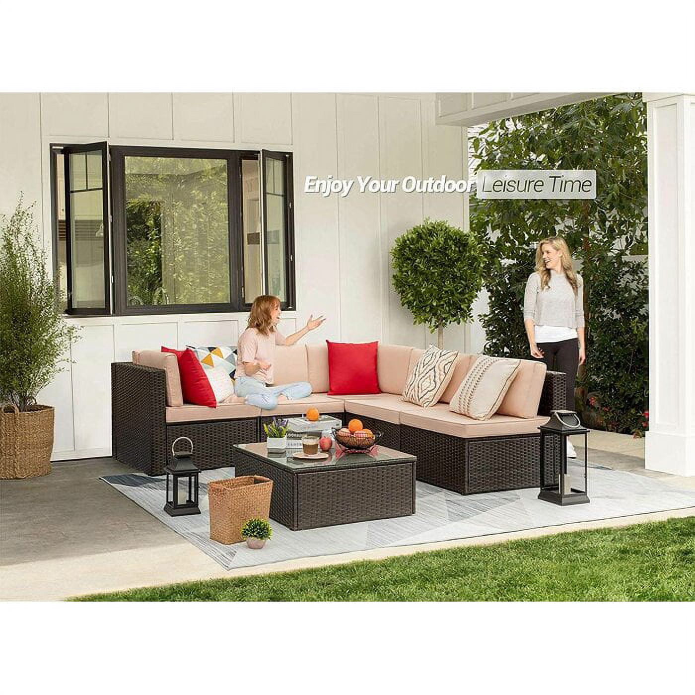 Lacoo 6-Piece Steel Frame Outdoor PE Wicker Conversation Set, Beige