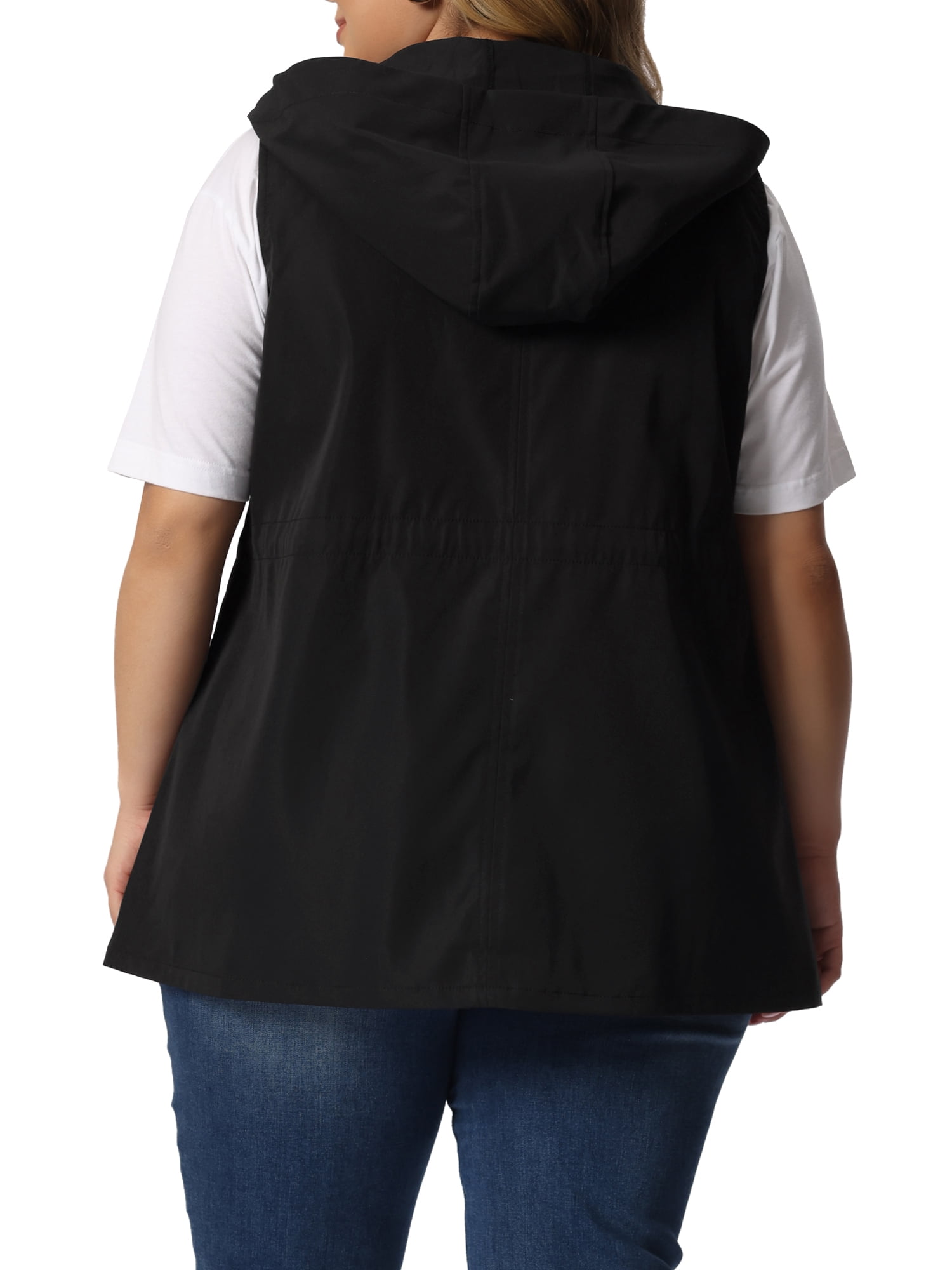 Unique Bargains Women's Plus Size Vest Sleeveless Anorak Cargo Drawstring Jacket