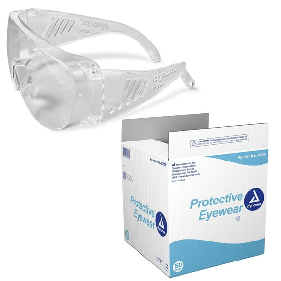 Dynarex Protective Eyewear - Clear Safety Glasses for Medical, Dental, Lab Use - Shields Eyes From Particles - Wraparound Frames With Wide-View Lens, Vented Side Shields - Pack of 50