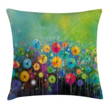Watercolor Flower Home Decor Throw Pillow Cushion Cover, Dandelions Featured Garden Made with Brushstrokes Toned Landscape, Decorative Square Accent Pillow Case, 16 X 16 Inches, Multi, by Ambesonne