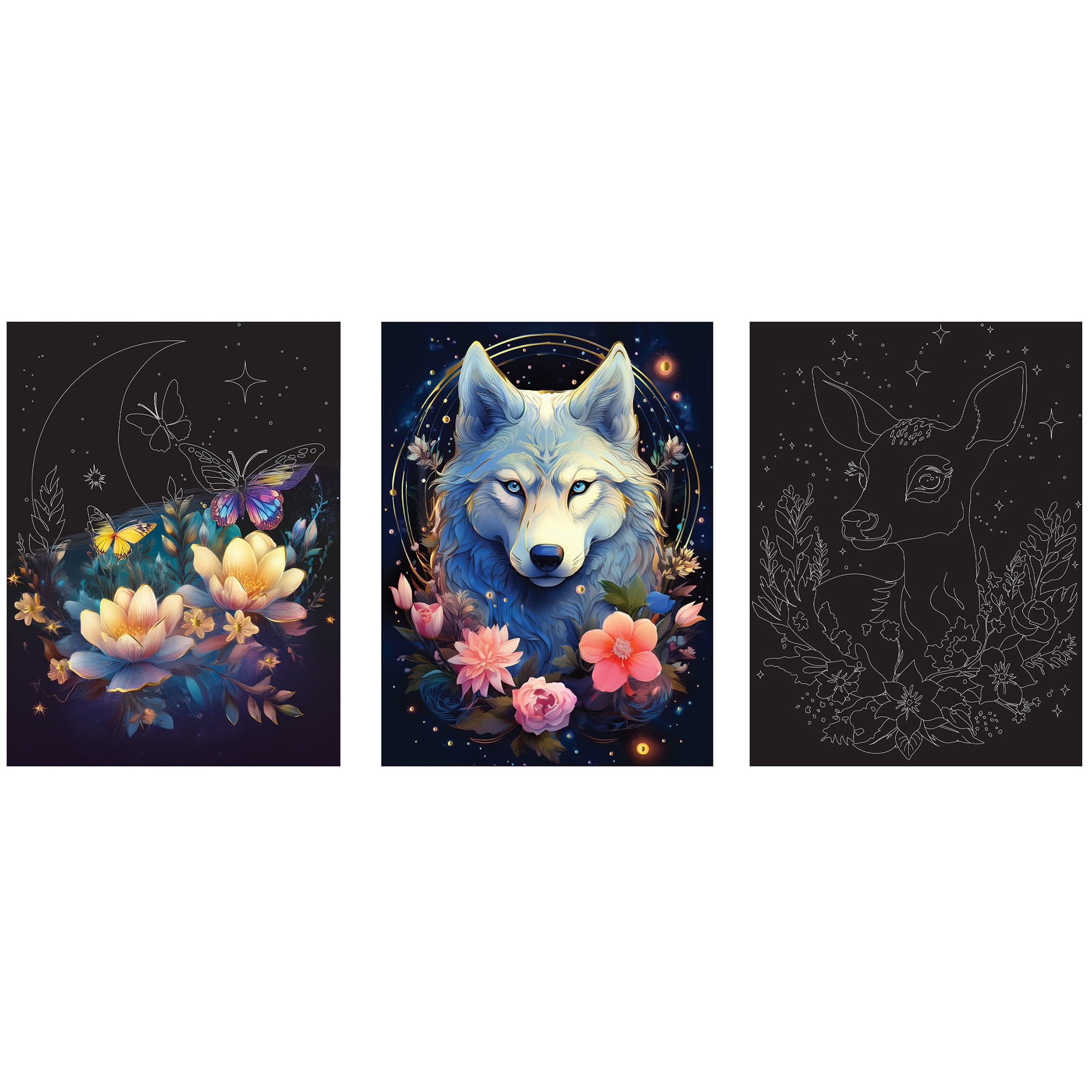 Brea Reese: Scratch Art Paper Pad - Moonlit Creatures - 5 Nature Designs, Metallic Foil, Dual-Tip Stylus & Brush, Easy-to-Frame 9x12 Pgs, Adult Craft