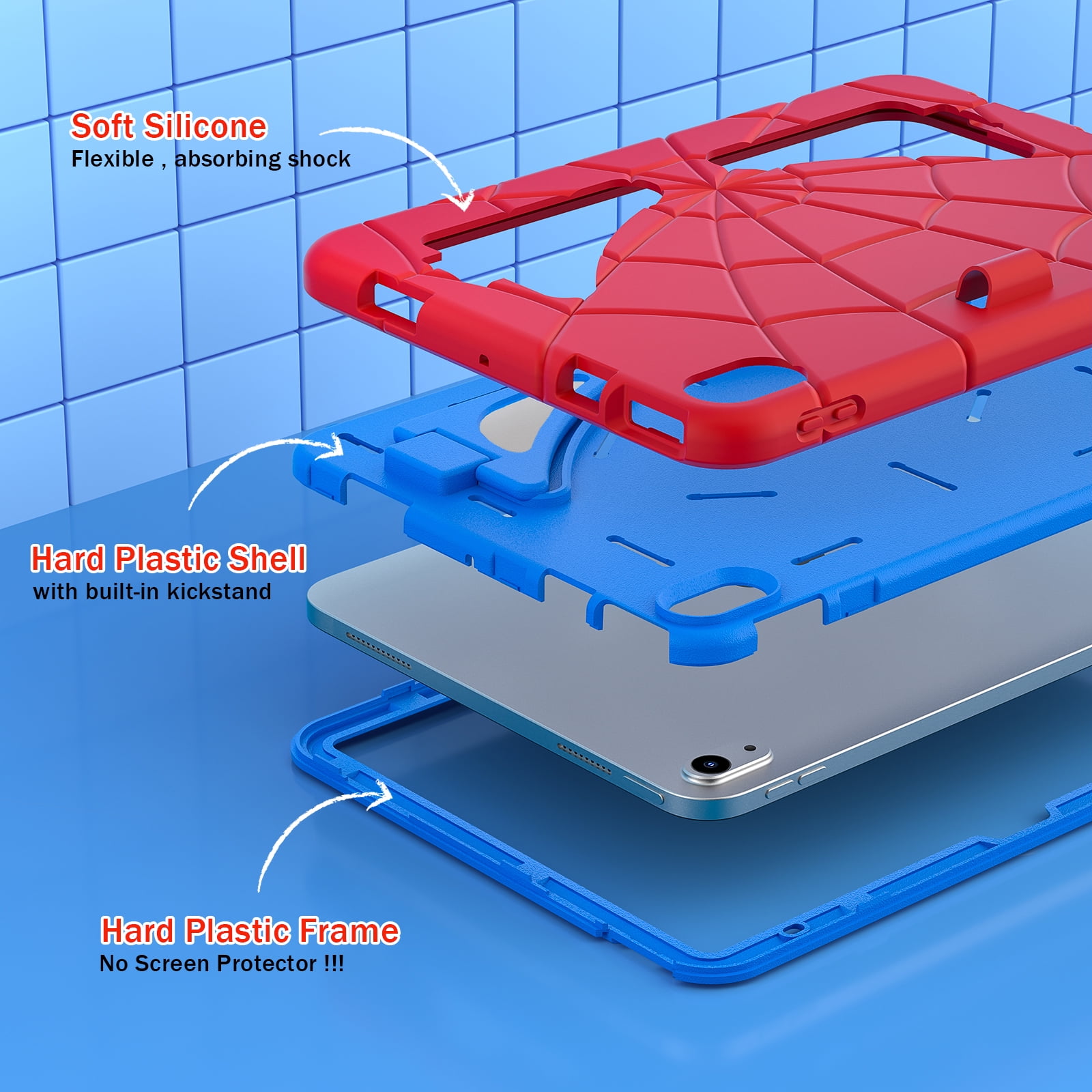 Kids Case for iPad A16 11th Generation 2025 / 10th Gen Case 2022, with Pencil Holder/Kickstand/Shoulder Strap Heavy Duty Protection Rugged Shockproof Hybrid Boy Girl Children Cover, Red + Blue