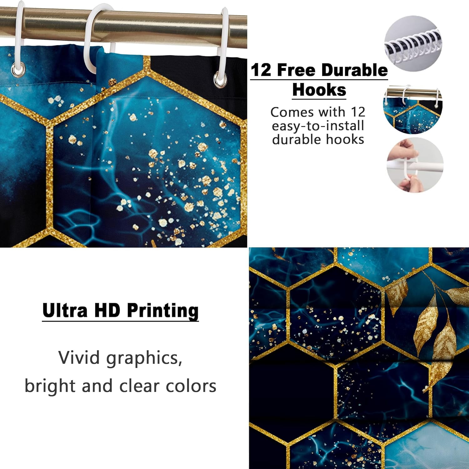 4 Pcs Bathroom Shower Curtain Set,Bathroom Sets with Rugs(Bath Mat,U Shape and Toilet Lid Cover Mat) and 12 Hooks,Sky Blue Honeycomb Marble