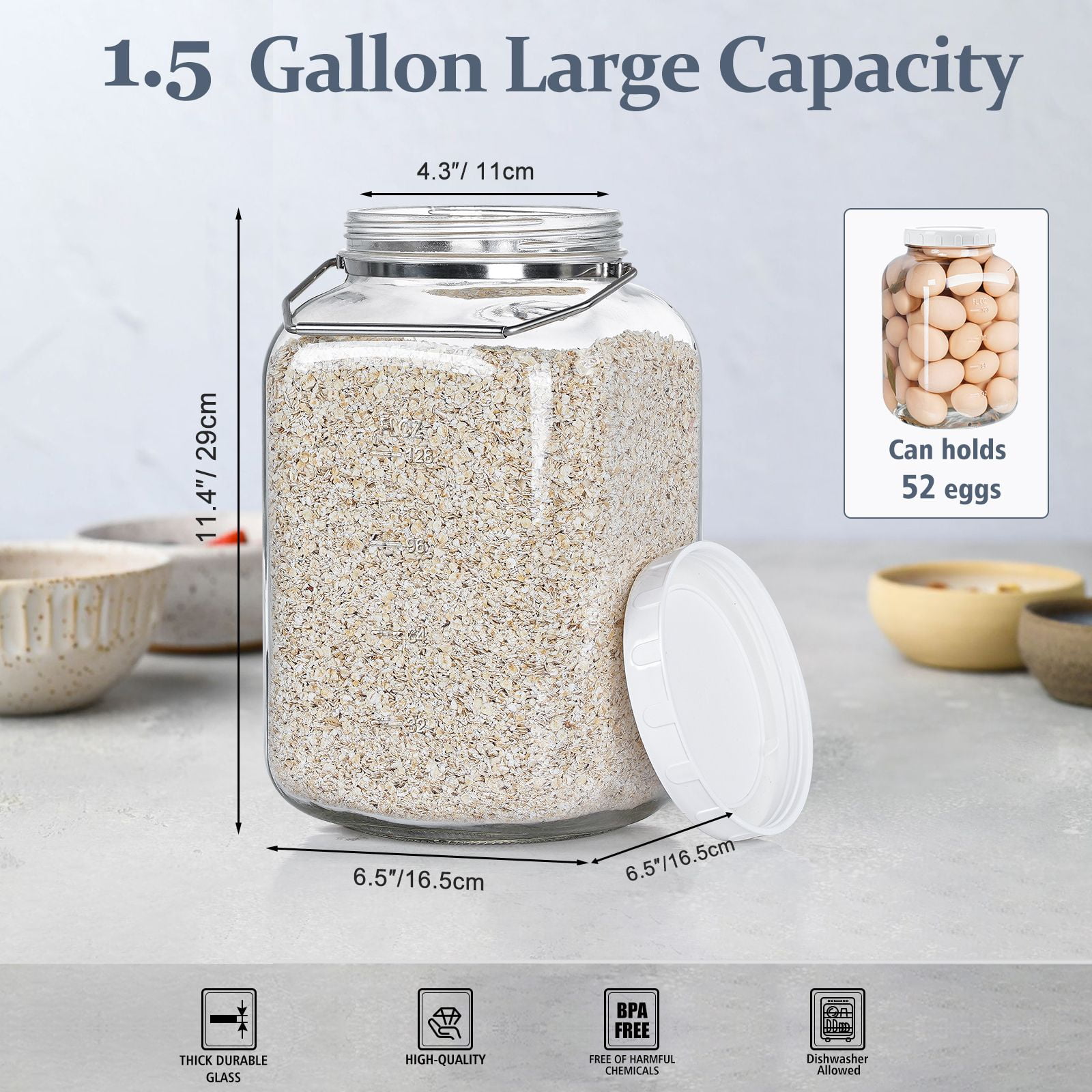 2 Pack 1.5 gal Syntic Glass Food Storage Containers with Lids and Handle, Gallon Jars for Pantry 192 oz Clear