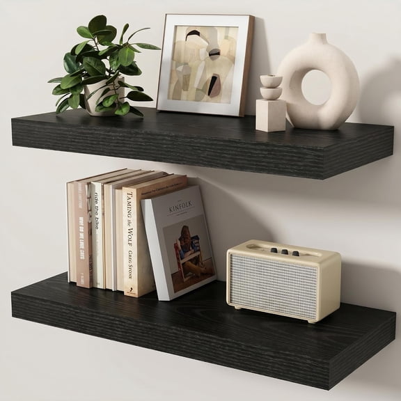 Floating Shelves for Wall, 24 Inch Wall Mounted Shelf with Invisible Brackets, Heavy Duty Wooden Wall Shelf for Kitchen, Bathroom, Living Room, Bedroom, Black, Set of 2