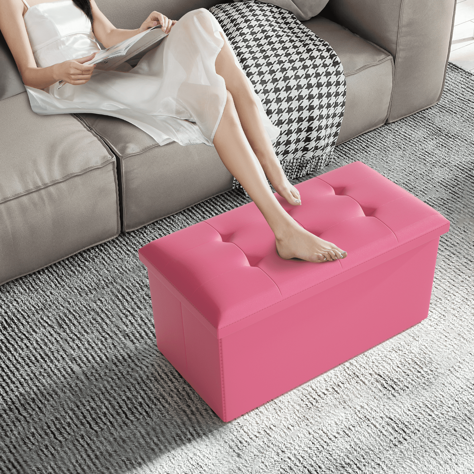 MoNiBloom 30" Folding Storage Ottoman Bench, PU Leather Collapsible Footrest Ottoman with Storage, for Living Room Bedroom Entryway, Dark Pink