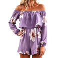 thumbnail image 2 of uvwlwu Women Floral Print Off Shoulder Romper Ruffle Layer Long Sleeve Elastic High Waist Short Jumpsuit Stylish Casual Everyday Summer Vacation Outfit,XXL, 2 of 4