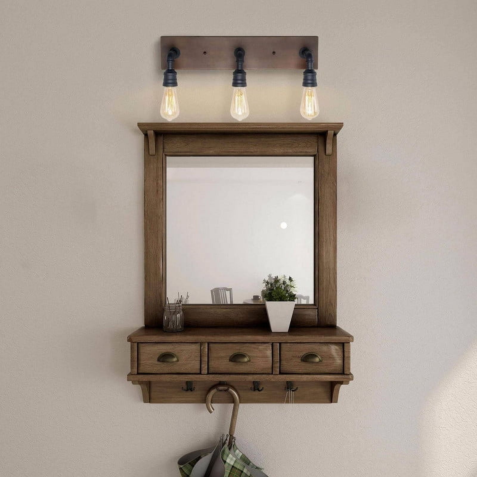 LNC 22-in 3-Light Brown Wood and Matte Black LED Farmhouse Vanity Light for Bathroom