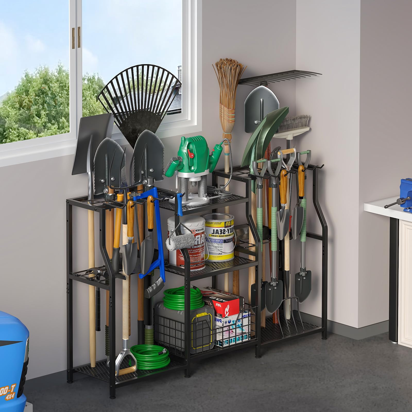 Garden Tool Organizer, Heavy Duty Yard Tool Tower Rack for Garage Organization and Storage, 3 Tier Utility Garden Tool Rack with hooks for Garden/Shed/Garage/Yard/Basement/Lawn