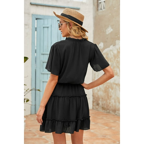 ABPHQTO Mini vestido negro con cuello en V y volantes para mujer