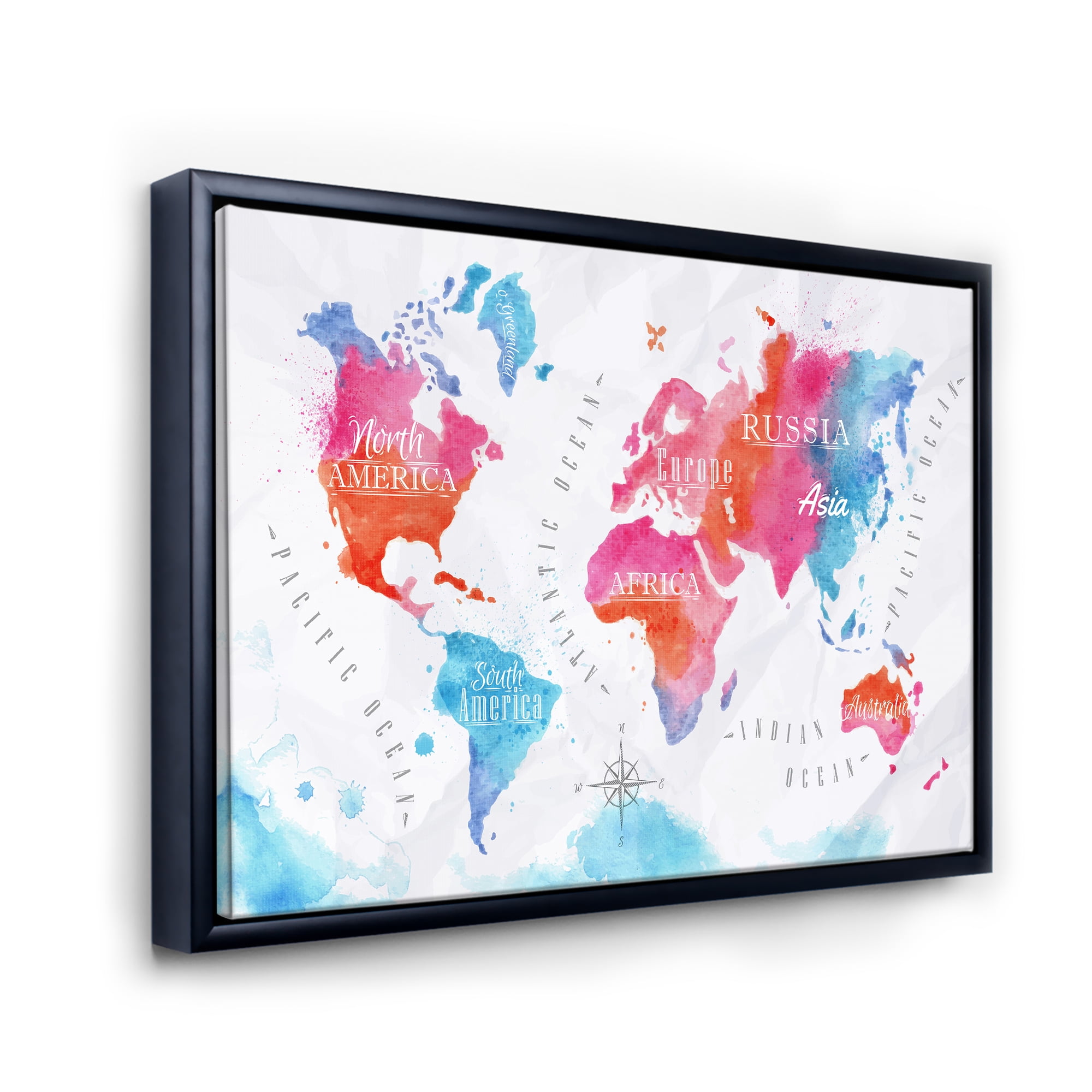 Designart 'World Map In Blue and Pink' Modern Framed Canvas Wall Art Print