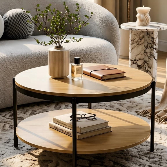 Manxile Round Coffee Table with Storage Shelf, Wooden Circle Center Table for Living Room Home Office, Natural