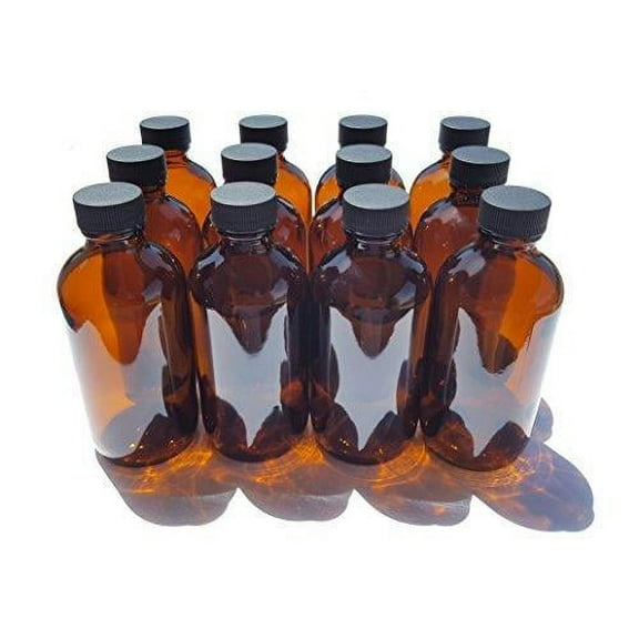 4 oz Amber Glass Boston Round Bottles With Black Ribbed Cap - 12 Pack