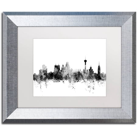 "San Antonio Texas Skyline B&W" Canvas Art by Michael Tompsett, White Matte, Silver Frame