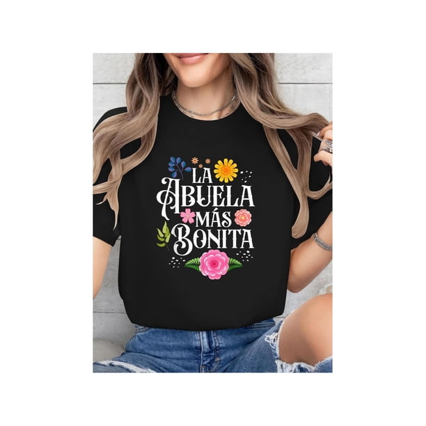 Mother's Hispanic Grandma T-Shirt - "La Abuela Más Bonita" Floral Print Casual Round Neck Tee, Vibrant Colors on Black, Machine Washable Spring/Summer Top for Women