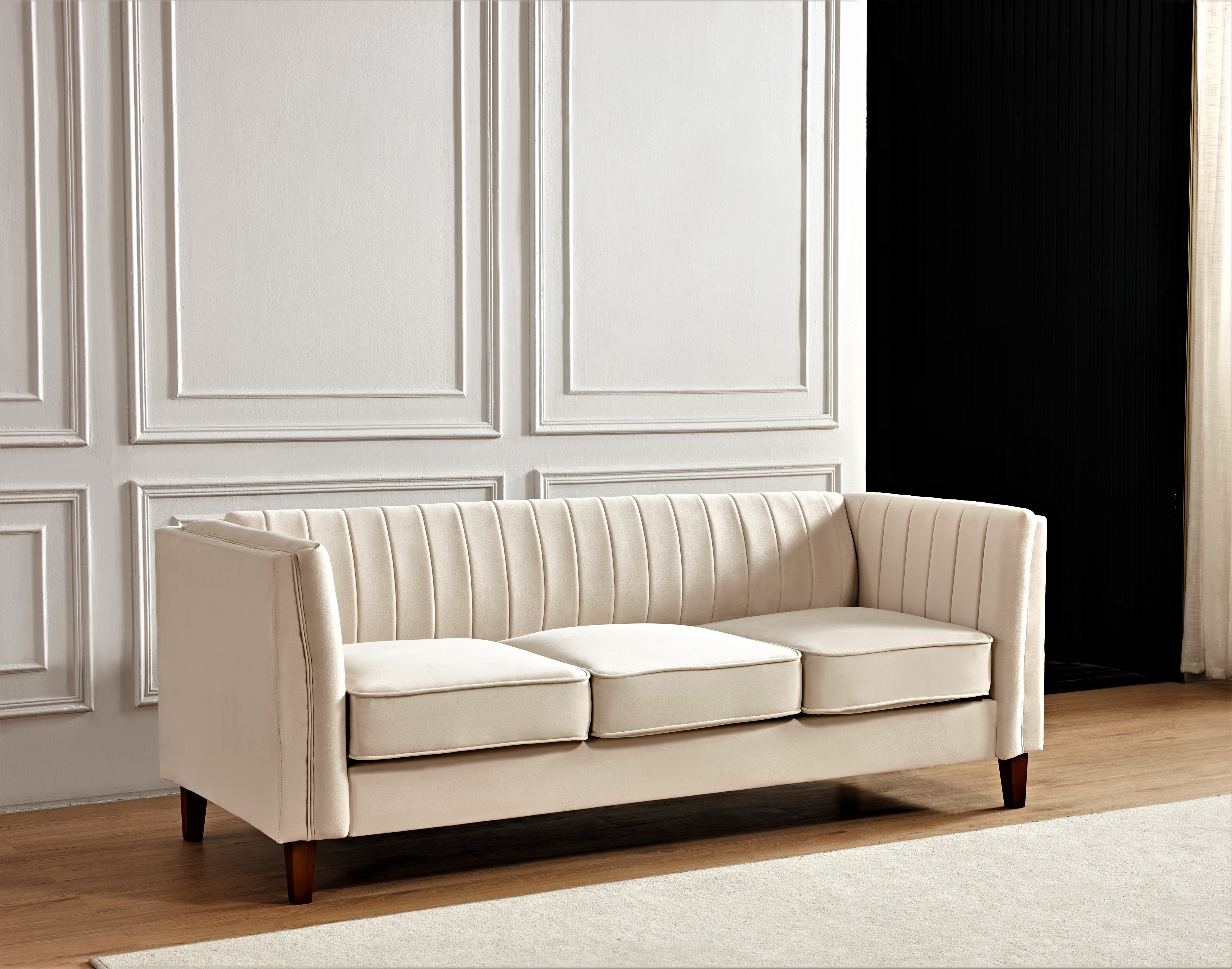 Uspridefurniture Plainfield Line Tufted Square Design Velvet Sofa -Beige
