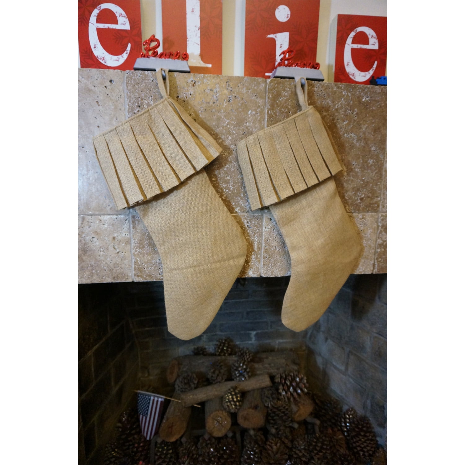 K-Cliffs 19" Long Holiday Ruffle Burlap Jute Christmas Stocking Décor, in Color Natural, Unisex,Dimensions: 19L x 13W x .25 H
