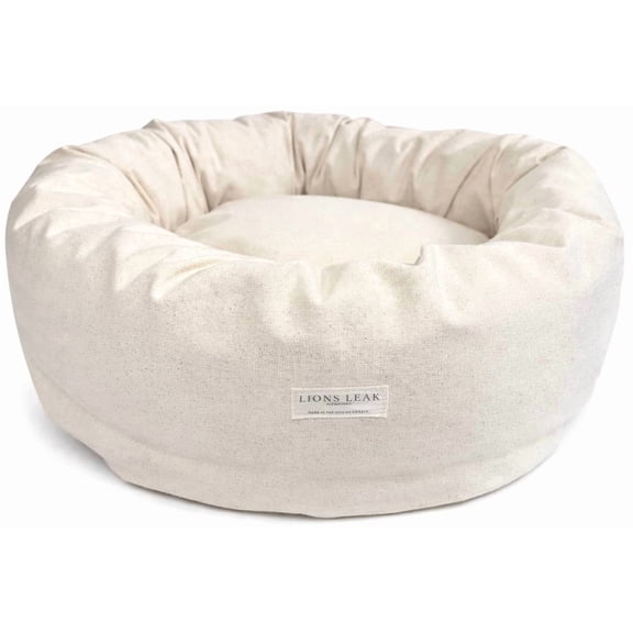 Organic Cotton Dog Bed 18” Donut – Natural Canvas, Raw Cotton Fill, Removable Washable Cover, Non Toxic Calming Bed for Small Dogs & Cats
