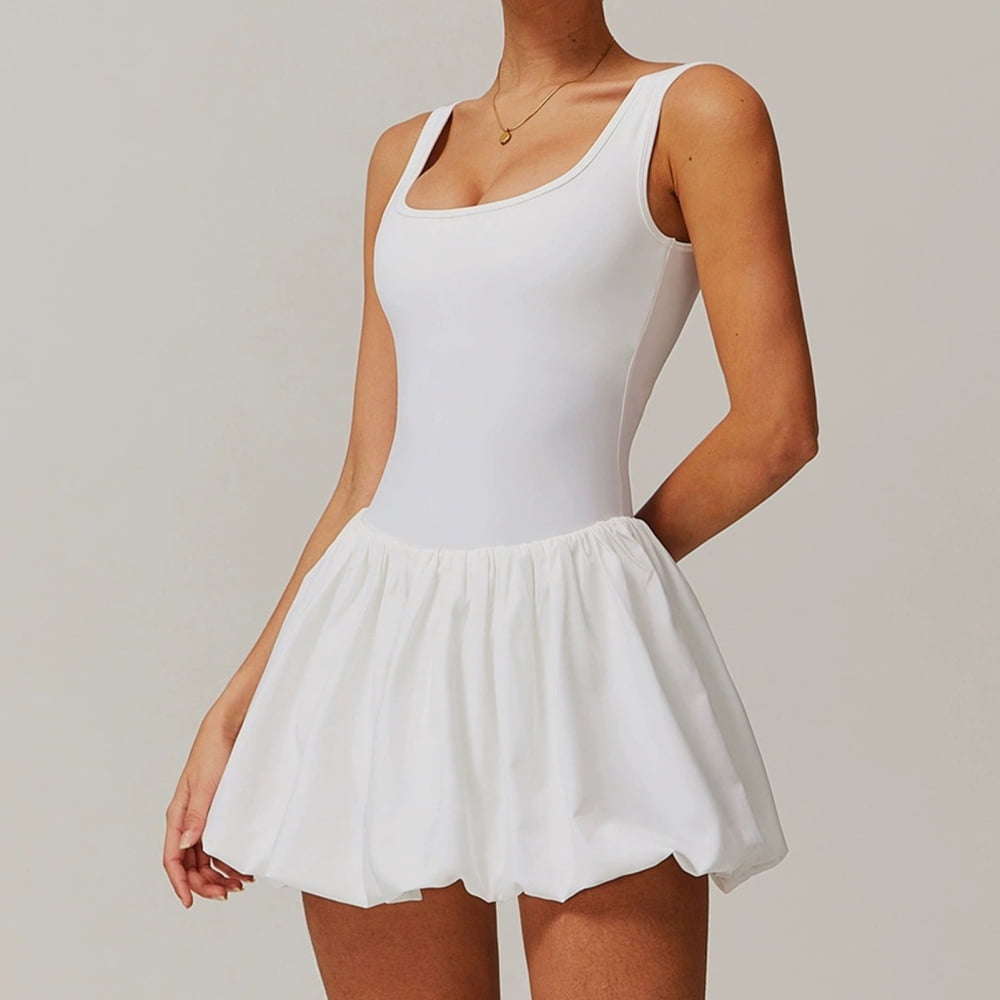 adaychics Tennis Dresses for Women with Shorts Square Neck Sleeveless Backless Casual Workout Bubble Mini Dress with Shorts for Running