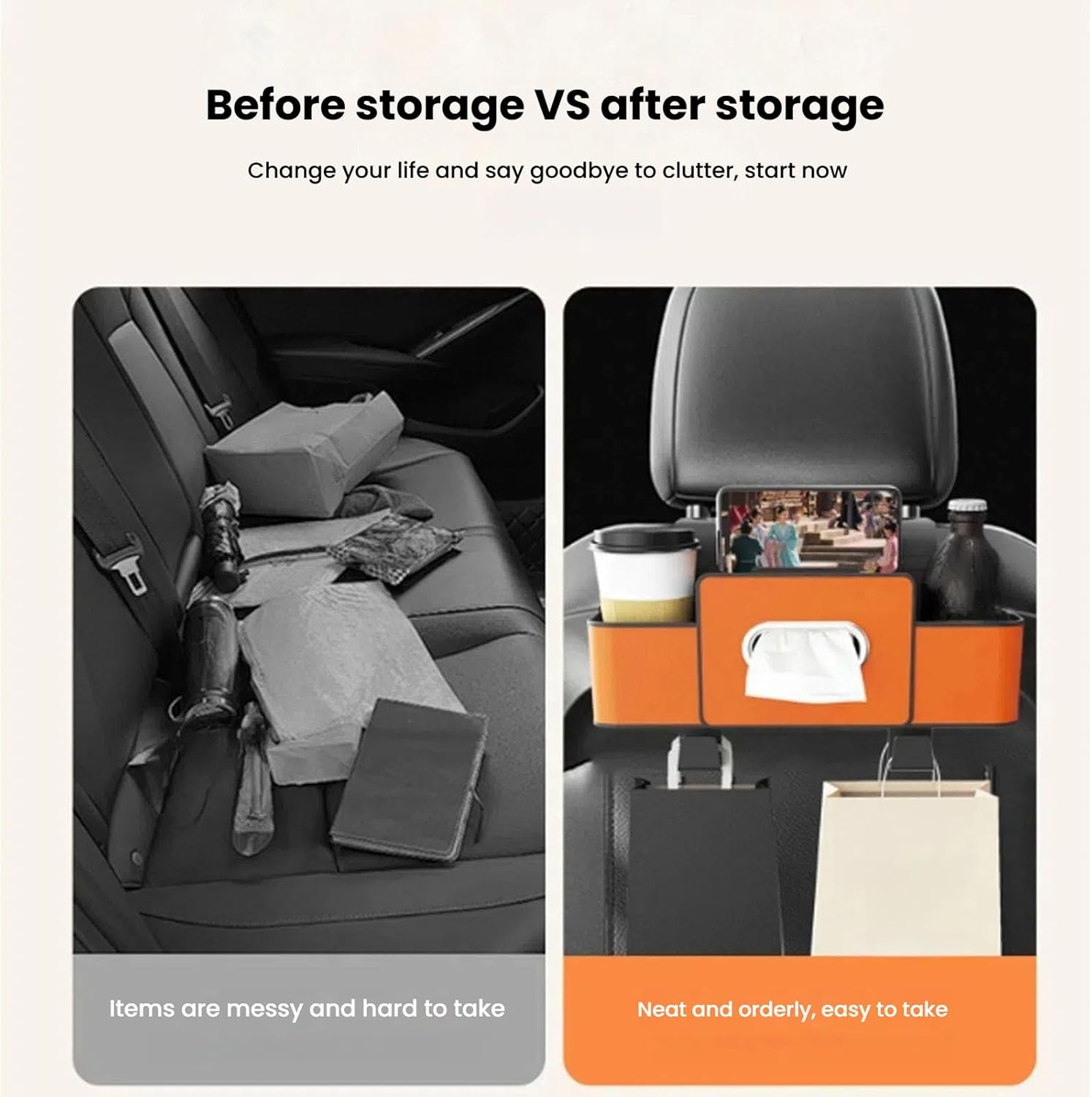 3-in-1 Car Backseat Organizer,Multifunctional Car Seat Back Storage Box,with Drink Cup Holder Tissue Box,for Hold Phone,Snacks, Drinks, Handbag