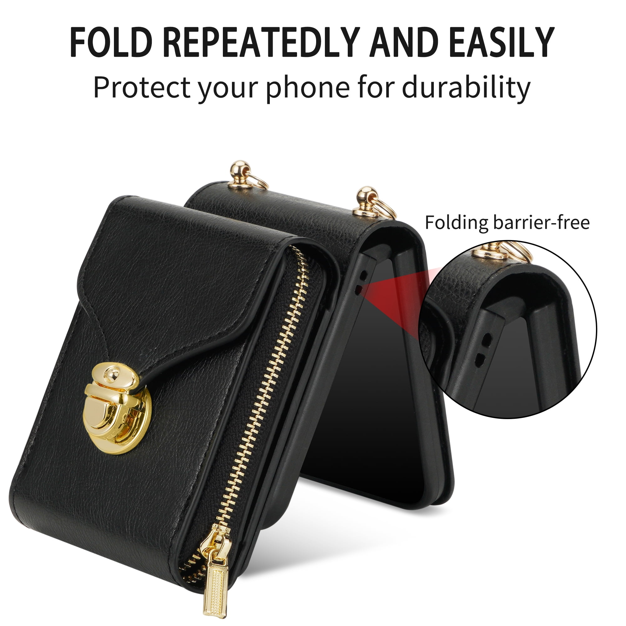 Handbag Wallet Case for Samsung Galaxy Z Flip 6 with Shoulder Strap, with Back Card Slots Holder PU Leather Magnetic Snap Zipper Flip Purse Shockproof Phone Cover for Galaxy Z Flip 6 - Black
