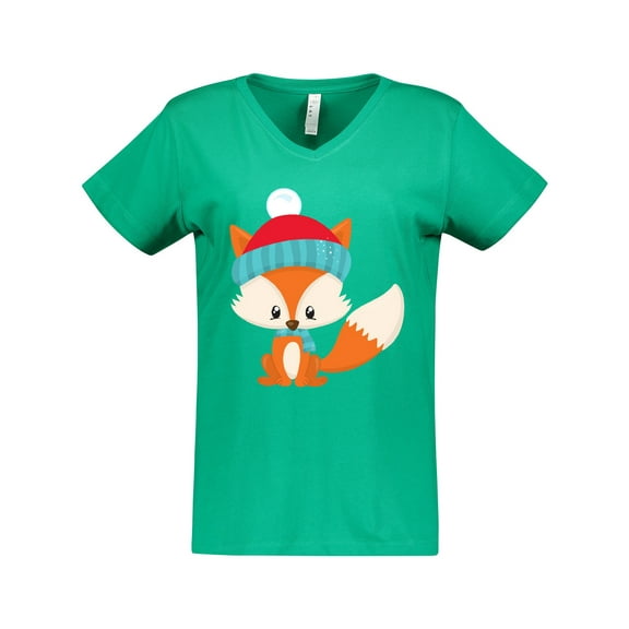 Inktastic Cute Fox, Fox With Hat And Scarf, Orange Fox Women's V-Neck T-Shirt