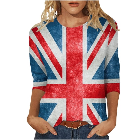 WREESH Womens Graphic Tees Great Britain Uk Flag T-Shirts 3/4 Sleeve Blouses for Vintage Print Shirt Casual Round Neck Pullover Blouse Tunic Tops Red