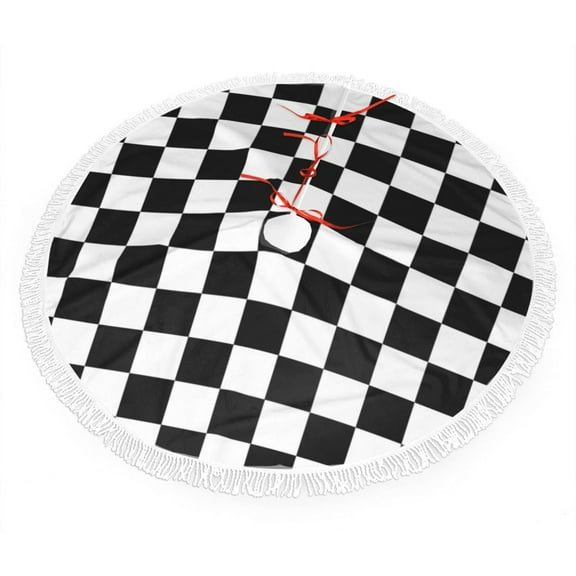 White And Black Checkered Pattern Christmas Tree Skirt Tassel Lace for Xmas Ornaments Decoration 30"
