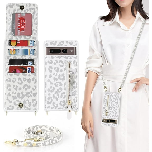 Google Pixel 7 Pro Case for Women with Card Holder 6.7" 5G 2022,Google Pixel 7 Pro Phone Case with Strap,Crossbody Lanyard Cases with Credit Card Slots Kickstand Case,White Leopard
