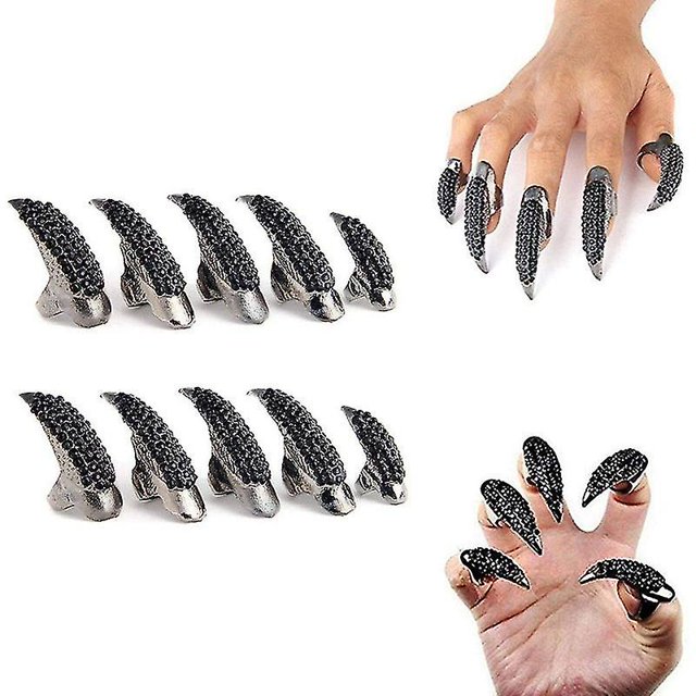 Tal Descuento 10-pack Disfraz de Halloween Garra Juego de anillos de uñas postizas, Goth Punk Crystal Anillos completos Tienda Garras Curvas Punta de los dedos Uñas Garra Niñas LingWen 9024715562005