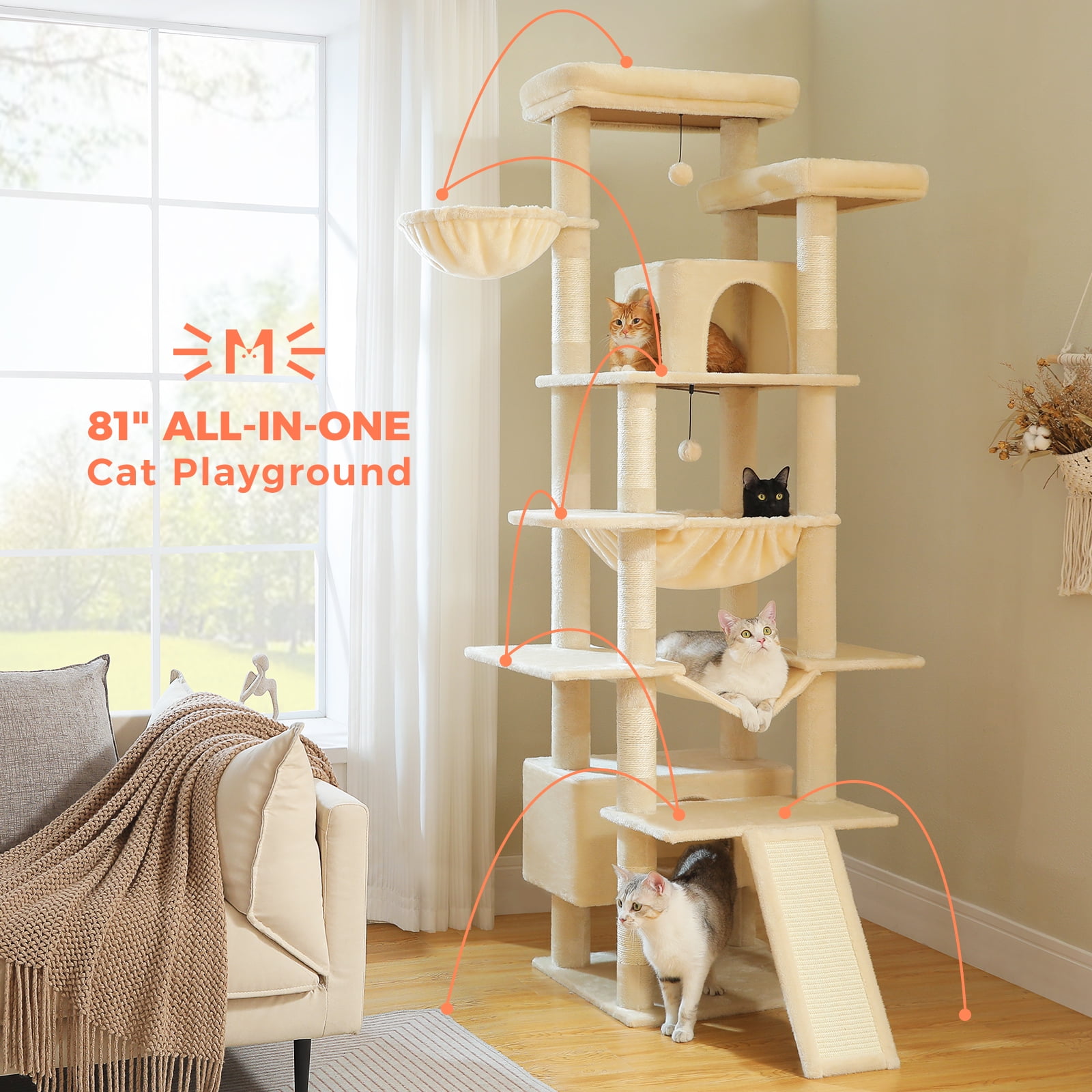 Pefilos 81" Tall Cat Tree for Indoor Cats, Multi-Level Cat Tower with Metal Frame Hammock, Scratching Ramp, 2 Top Perches, 2 Cozy Condos & 6 Scratching Posts, Beige