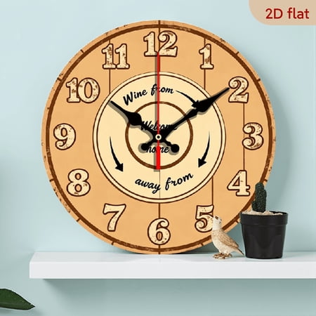 2D flat, a 10-inch wooden round wall clock, Wine themed typography. Suitable for bedroom, living room, office decoration. Can be used as a holiday gift.