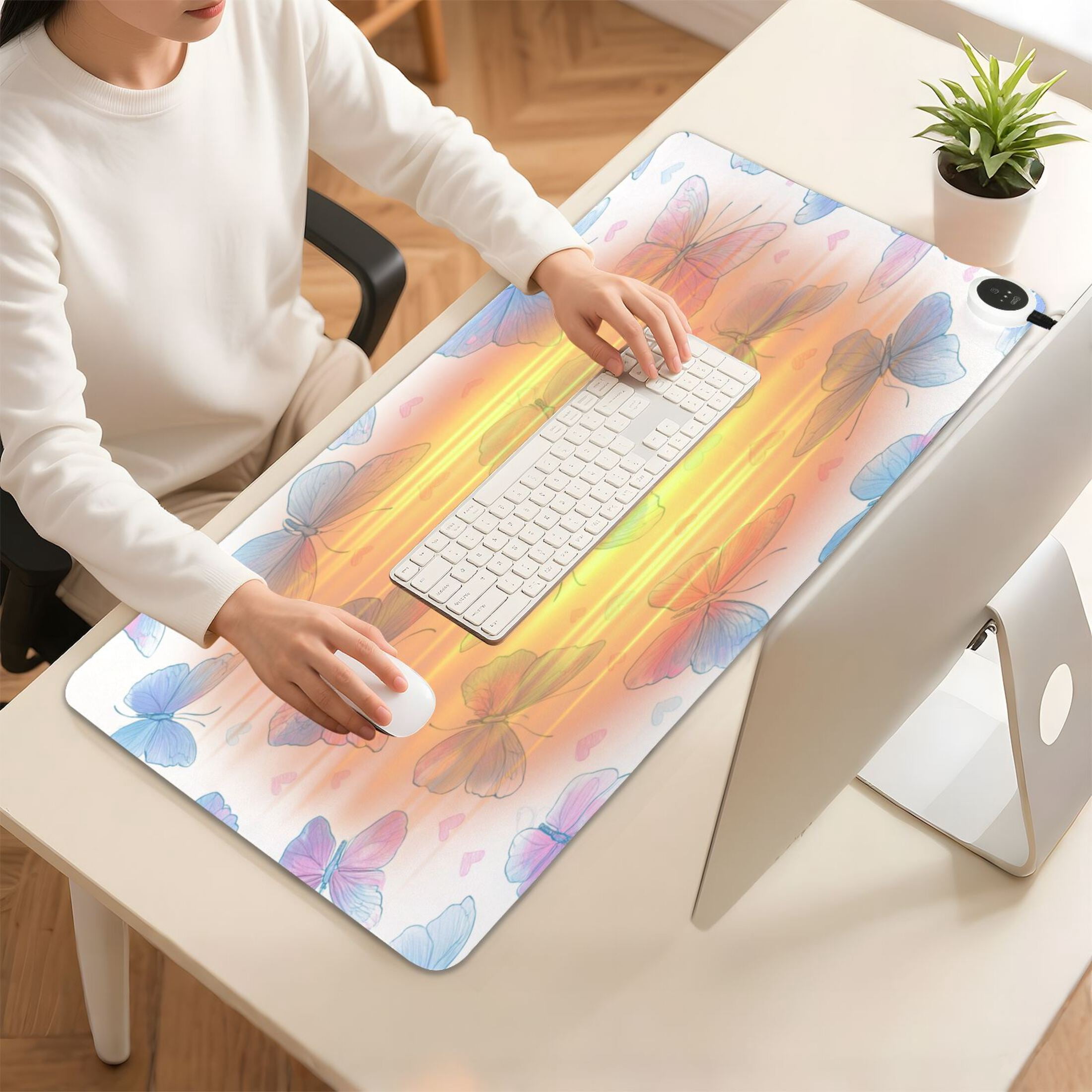 Large Heated Desk Mat Mouse Pad 31.5"x13"PU Leather Graphene Heating Desk Warmer with 3 Temperature Settings 110V US Plug Non-Slip Warm Pad for Home, Office, and Gaming Sweet Heart Butterfly Print