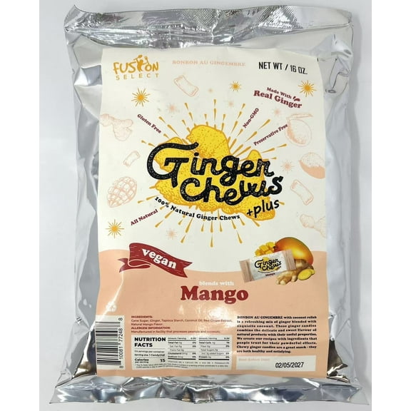 Fusion Select 1Lb Mango Ginger Chews - Sweet Soft Candied Delights From Indonesia - Promotes Relief From Morning Sickness, Upset Stomach - Made from Real Ginger Root, Non-GMO, Vegan Candy