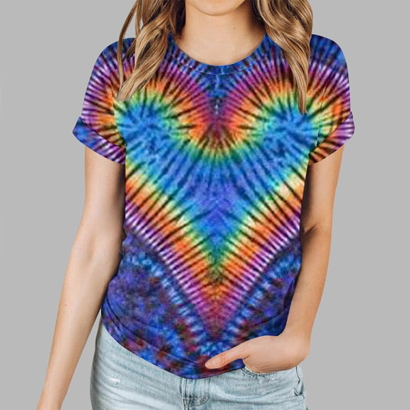 Njoeus Graphic Tees for Women, Women's Summer Short Sleeve T-Shirts Tie-Dyed Love Print Tunic Tops Crewneck Blouse S-XXL