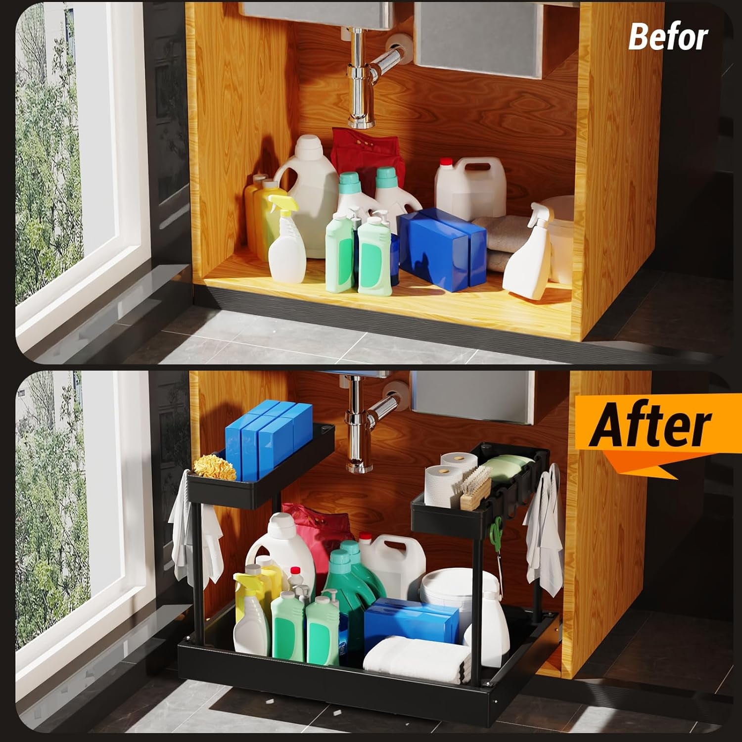 Expandable Under Sink Organizers and Storage, 2 Tier Pull Out Cabinet Organizer with 3 Ball-Bearing Slides, Metal Slide Out Drawers for Kitchen Bathroom, White