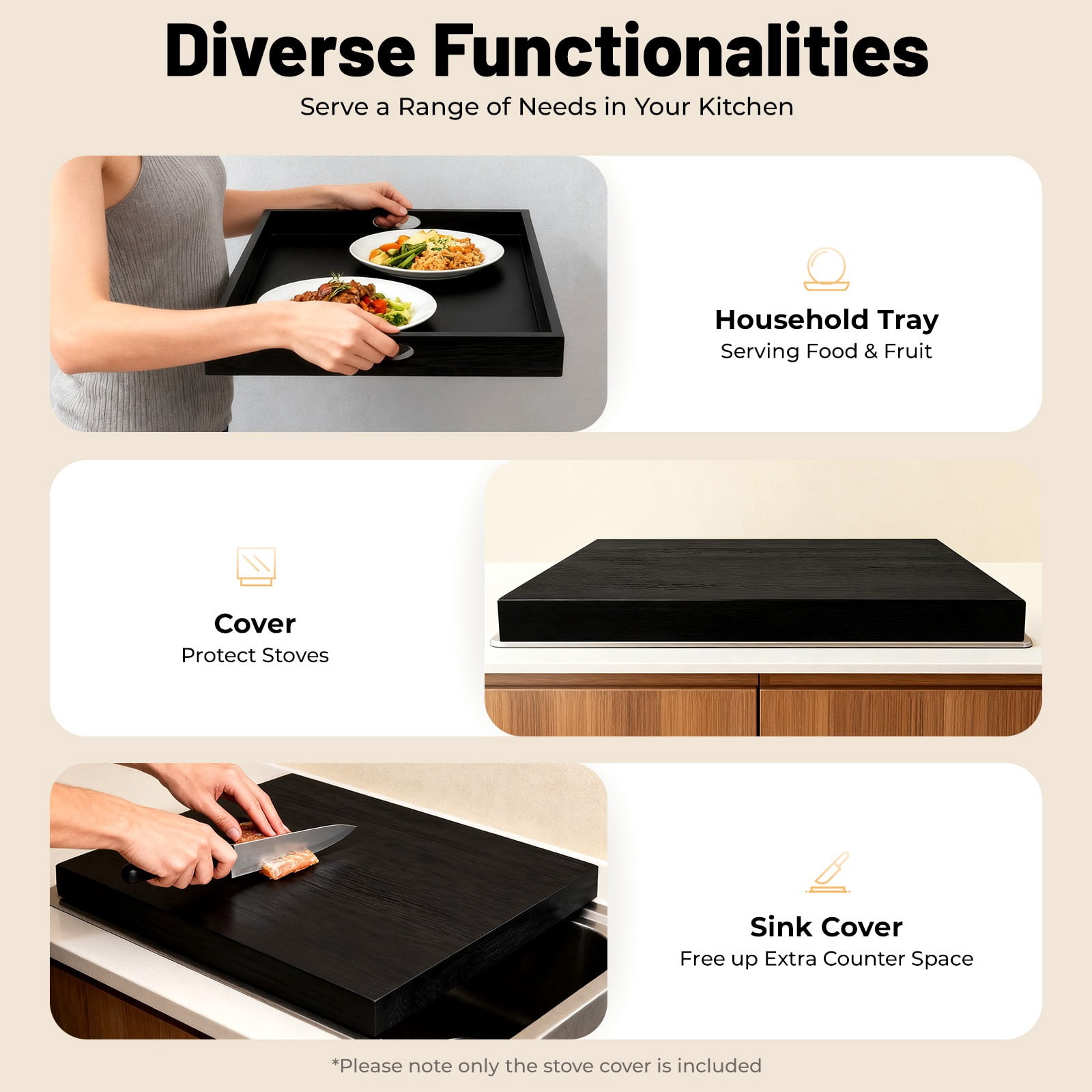 Stove Cover Cutting Board, 28.5x21 Inch Pine Wood Sink Cover with Handles, Multipurpose Kitchen Tray & Chopping Board for Counter Space, Black 44 lbs Capacity