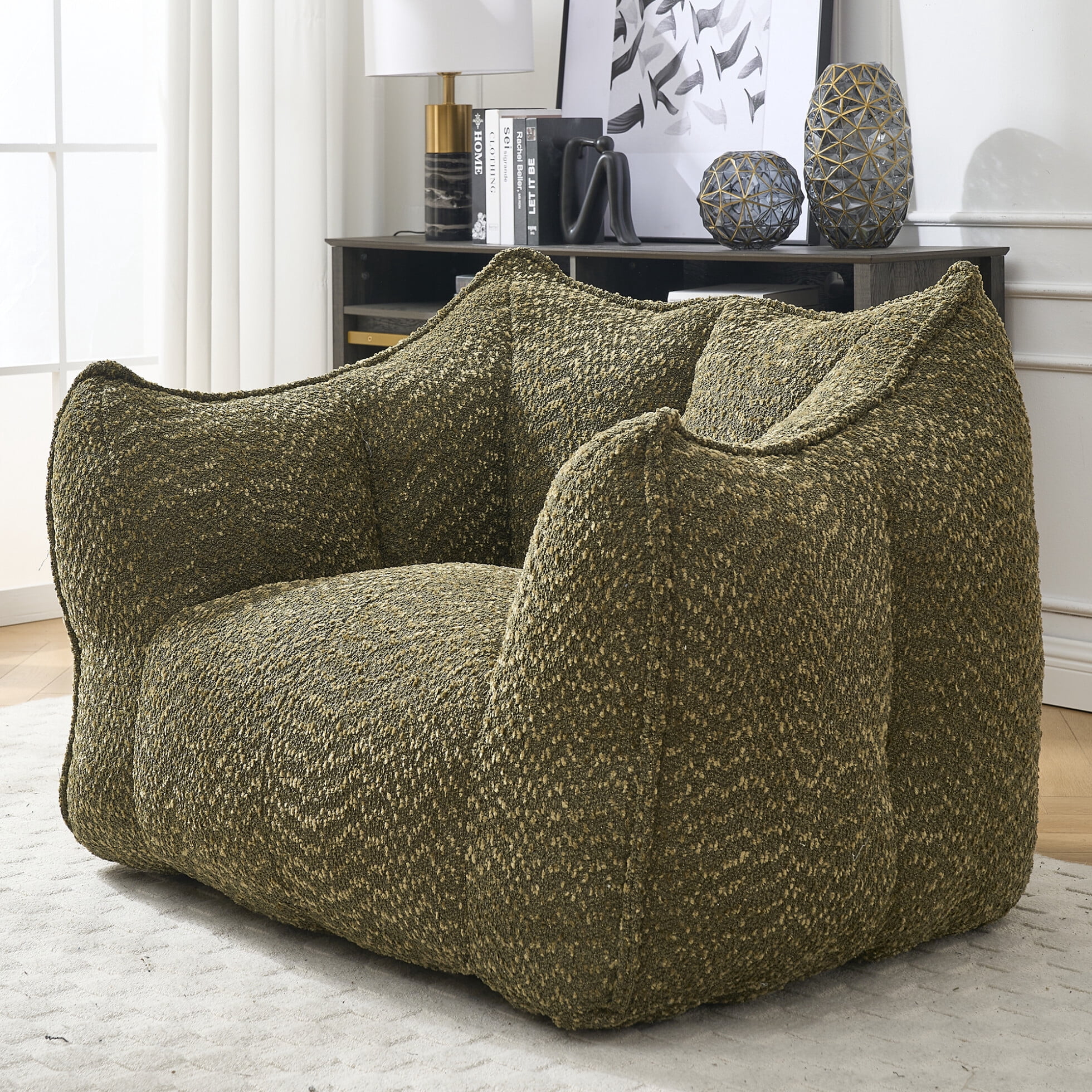 Chenille Bean Bag Sofa Chair for Adults, Fluffy Square Accent Couch with Filler, Olive Green Lazy Sofa for Reading & TV Lounging