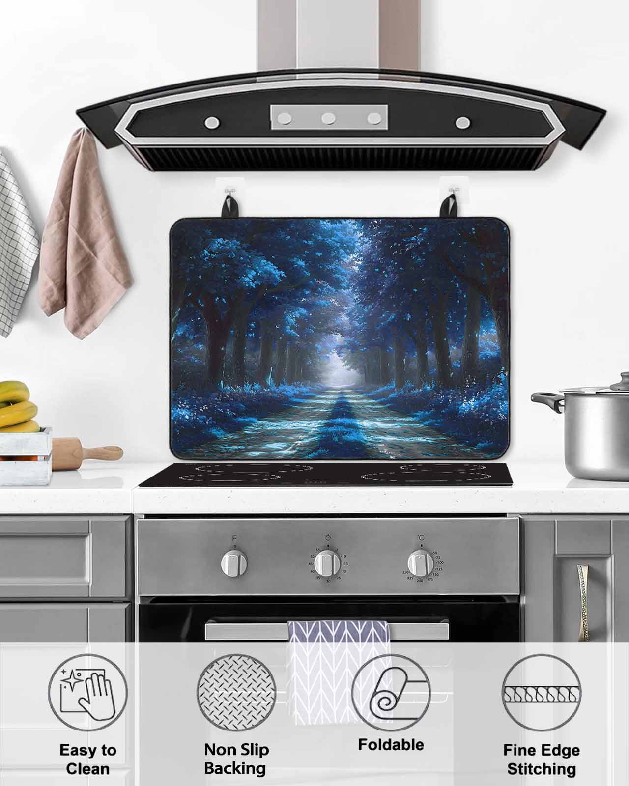 nqOlkjepod Large Induction Cooktop Protector Mat 36"x21", Blue Trees Stove Top Covers for Electric Stove, Forest Art Decor Spring Summer Nature Leaf Stove Burner Cover Mats, Glass Top Stove Cover