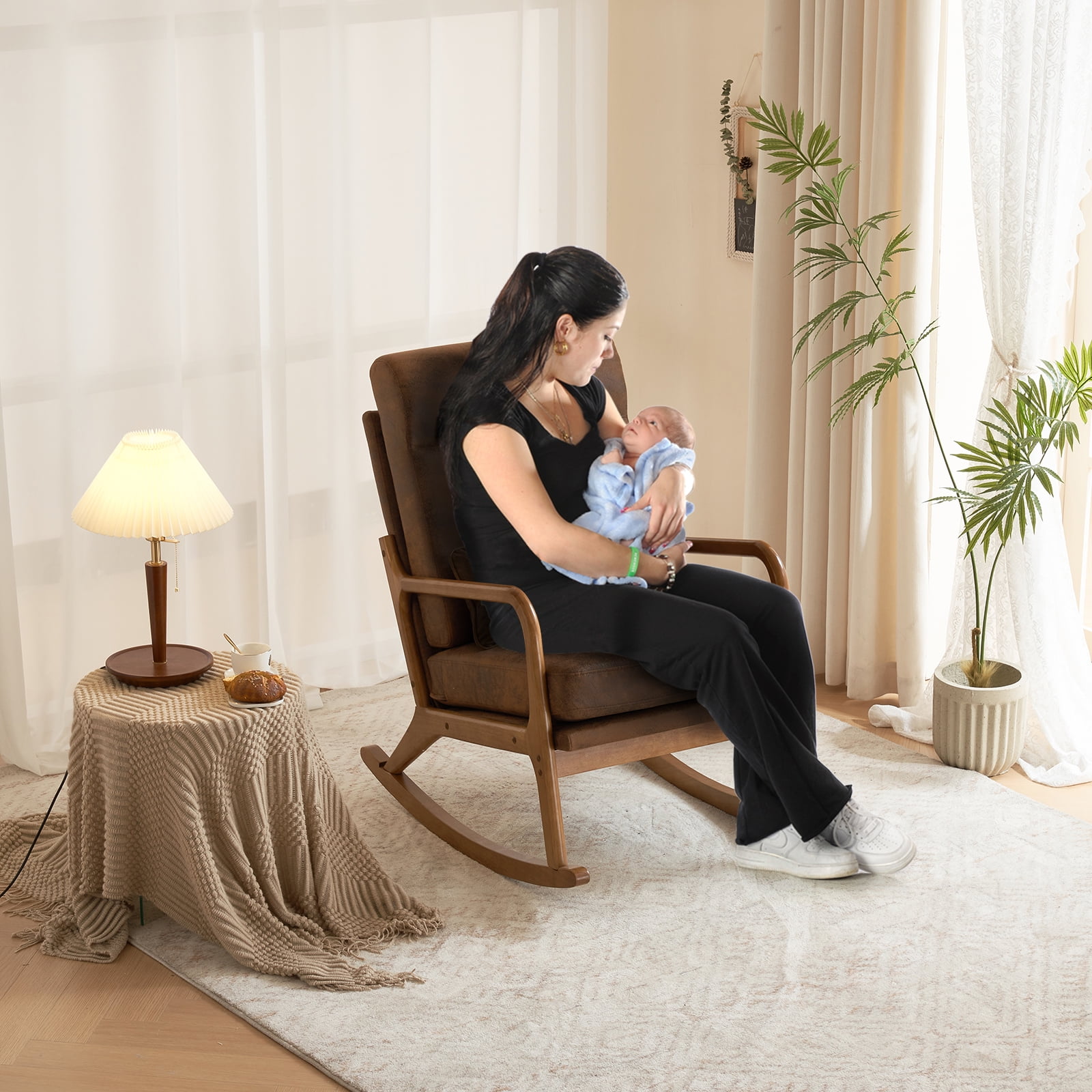 UBesGoo Bronzing Cloth Rocking Chair,Mid-Century Glider Rocker with Padded Seat and Wood Frame, Modern Accent Chair for Living Room Brown
